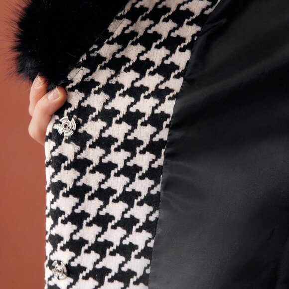 Black And White Elegant Women's Tweed Houndstooth Longline Overcoat - Picture 4 of 8